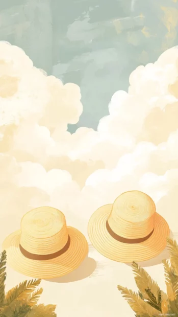Cute summertime wallpapers feel with sun hats, soft clouds and delicate summer light.