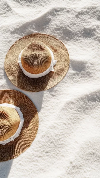 Cute sun hats resting on white sand casting delicate summer vibes wallpapers shadows.