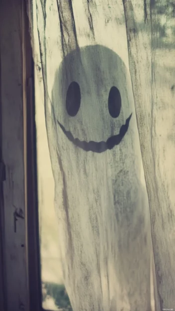 Cute yet creepy Ghost iPhone Wallpapers where ghosts smile eerily behind translucent curtains.