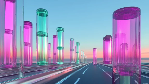 Cyan and magenta neon towers floating over chrome highway.