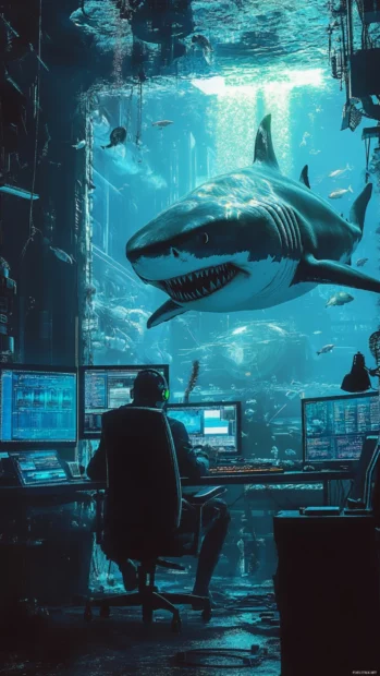 Cyber shark hacking underwater computer system.