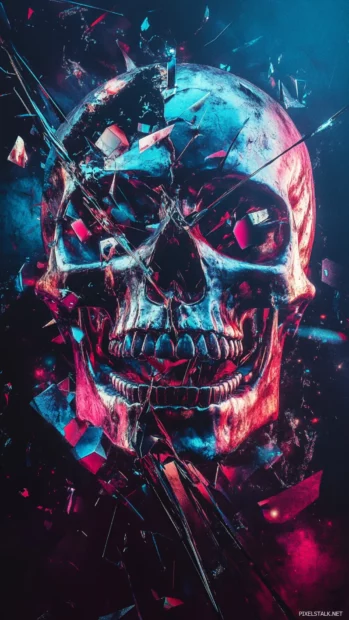 Cyber skull grinning behind shattered mirror and wild tags.