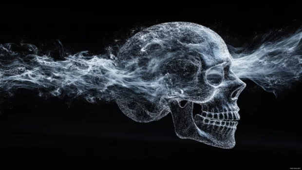 Cyber skull splitting into glitch waves on black screen.
