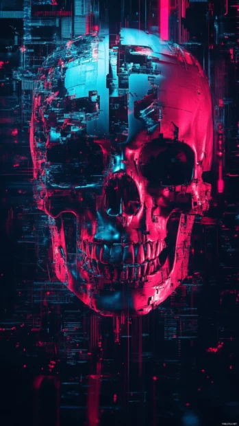 Cyber skull wallpaper 4K designed for mobile display with glitch effects.
