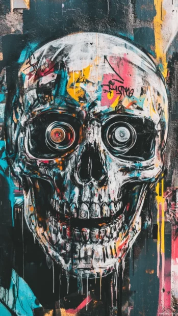 Cyber skull with spray can eyes emerging from graffiti mural.