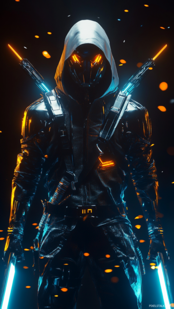 Cybernetic assassin with dual plasma blades ready for action, made for cyberpunk phone wallpapers.