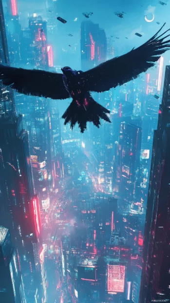 Cybernetic bird flying over a metropolis, glitch cyberpunk wallpaper concept.