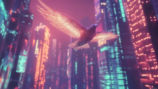 Cybernetic bird flying over neon skyline.