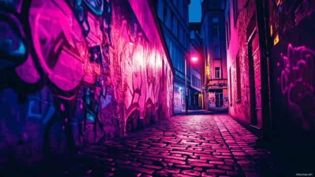 Cybernetic graffiti glowing on walls in a dark street, illuminated by electric pink lamplight.