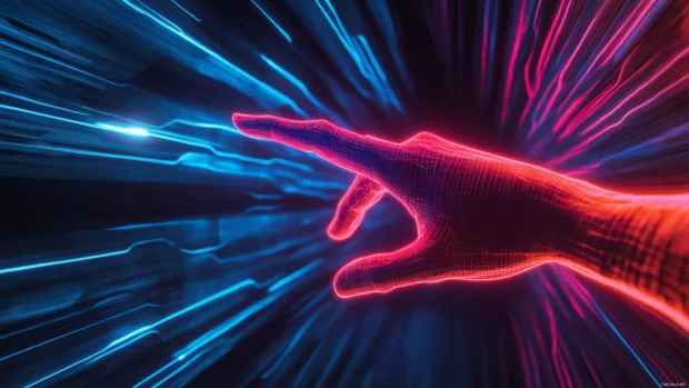Cybernetic hand reaching through neon portal.