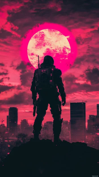 Cybernetic warrior silhouette under vibrant pink sky, stunning Cyberpunk iPhone Wallpapers 4K.