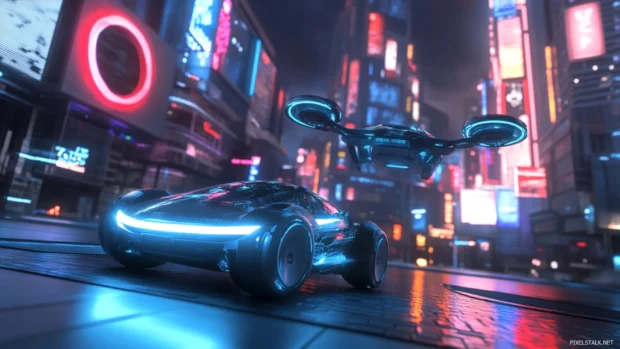 Cyberpunk 4K wallpaper cityscape with glowing neon signs and flying cars, a futuristic metropolis at night.