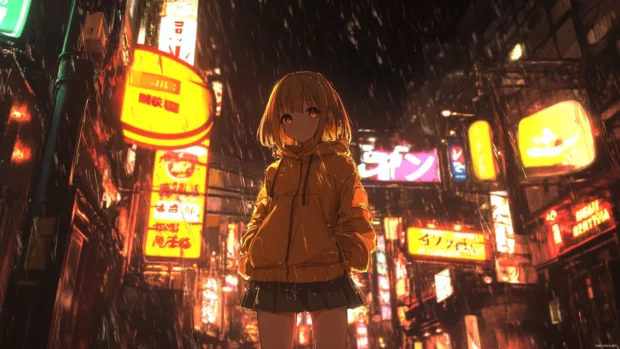 Cyberpunk Idol standing beneath rain soaked signs in a glowing anime cyberpunk cityscape.