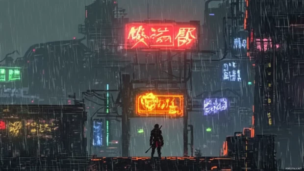 Cyberpunk Ronin standing beneath rain soaked signs in a glowing anime cyberpunk cityscape.