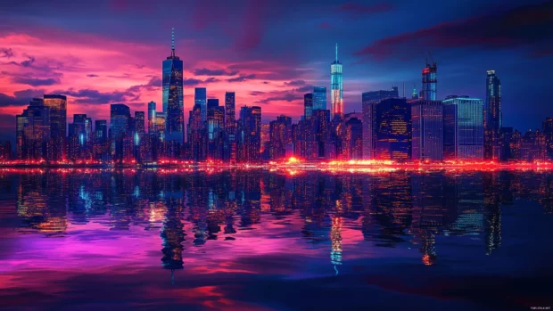Cyberpunk aesthetic desktop wallpaper with neon lit skyline and glowing reflections.