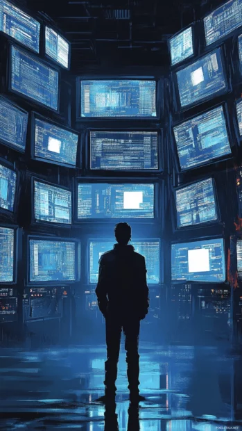 Cyberpunk aesthetic iPhone wallpaper showing a lone figure beneath massive digital screens.