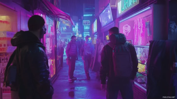 Cyberpunk alley full of street vendors and augmented citizens trading tech under neon lights.