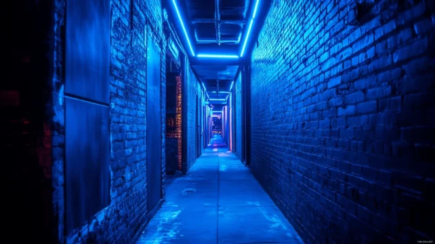 Cyberpunk alley glowing in saturated blue neon illuminated by Blue neon cyberpunk wallpaper.