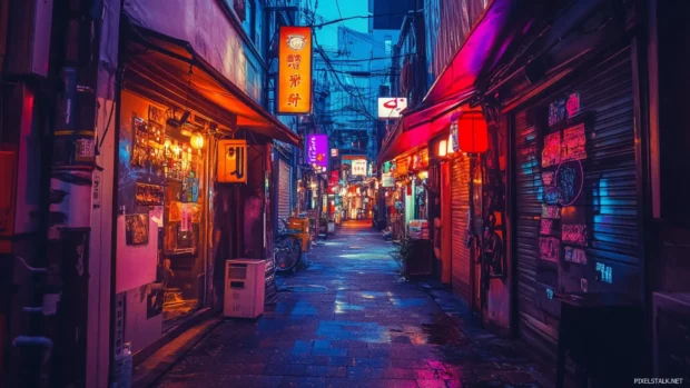 Cyberpunk alleyway filled with mystery and light, trending choice for urban tech lovers.
