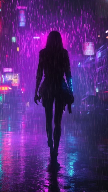 Cyberpunk android girl walking through neon lit rain, best for 4K vertical phone display.