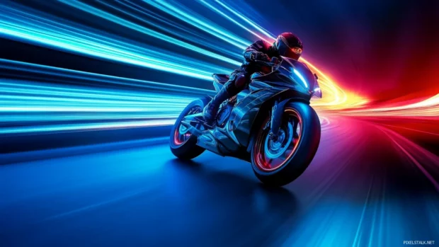 Cyberpunk bike speeding through neon tunnels, highly rated among top Cyberpunk PC backgrounds.