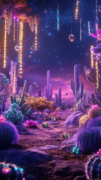 Cyberpunk cactus garden under LED lanterns and purple sky.