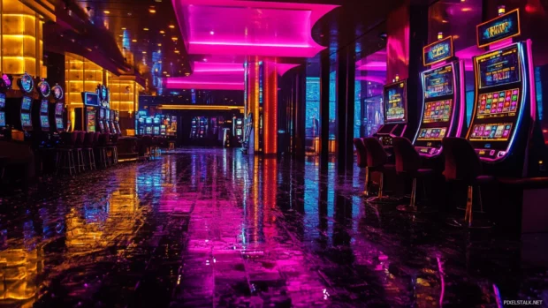 Cyberpunk casino glowing in pink and gold on a rainy night.