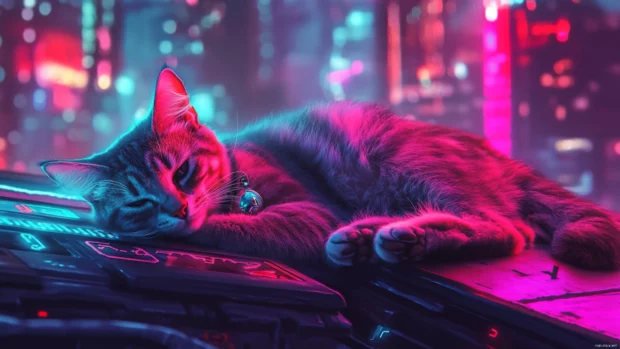 Cyberpunk cat lounging on a neon lit rooftop.