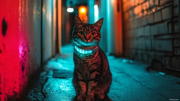 Cyberpunk cat with holographic collar in futuristic alleyway.