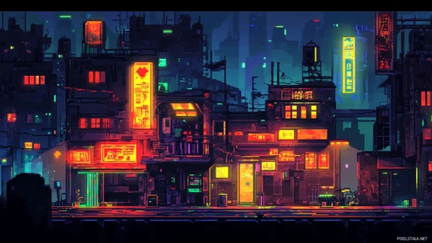 Cyberpunk cityscape glowing in neon hues, ideal for dark desktop wallpaper aesthetics.