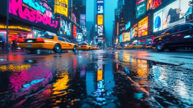 Cyberpunk cityscape lit by vibrant electric signs reflecting off wet streets.