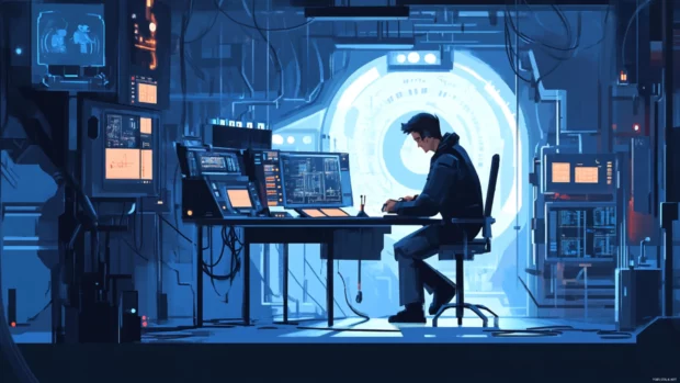 Cyberpunk engineer repairing circuits inside a light filled underground lab.
