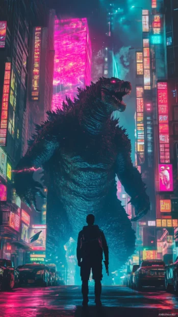 Cyberpunk environment glowing behind cool Godzilla wallpaper beast.