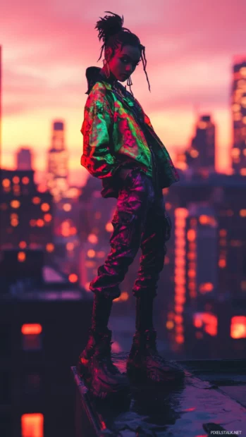Cyberpunk fashion model on a rooftop runway.