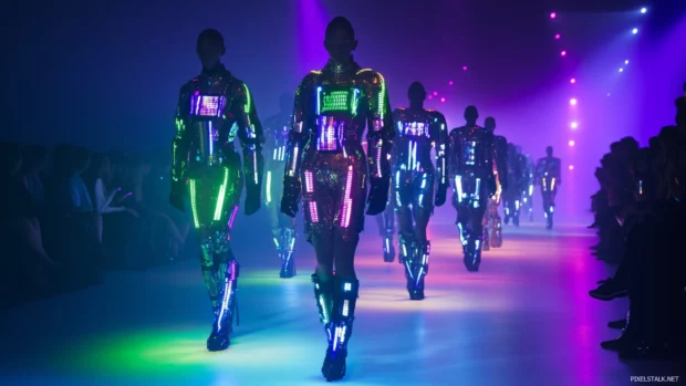 Cyberpunk fashion runway with models in LED embedded suits walking under shifting color spotlights.