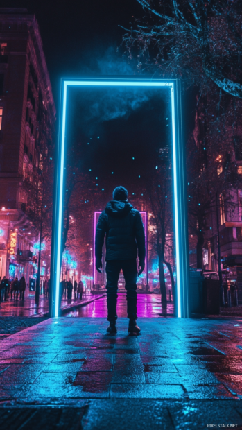 Cyberpunk figure standing under an illuminated gateway in the heart of the city.