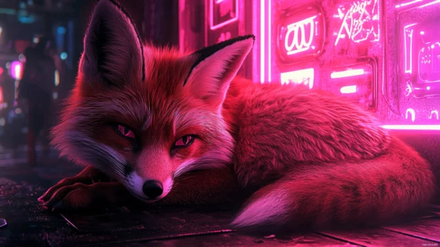Cyberpunk fox resting under pink neon signs.