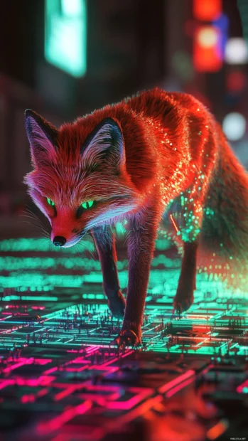 Cyberpunk fox with light trails chasing data sprites.