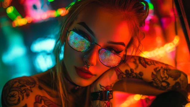 Cyberpunk girl with holographic tattoos.