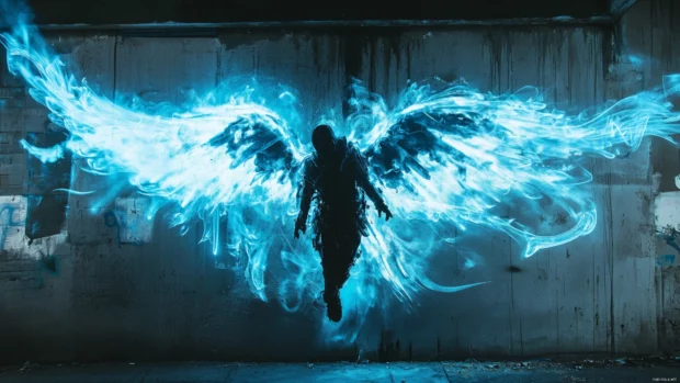 Cyberpunk graffiti angel hovering in electric blue vapor.