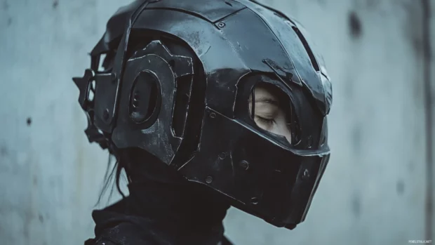 Cyberpunk helmet in black armor.