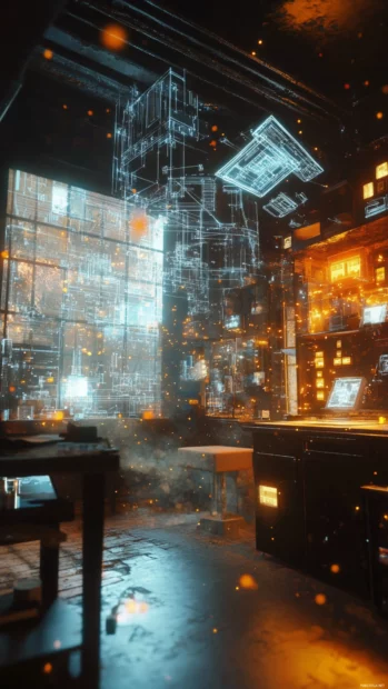 Cyberpunk lab with floating blueprints and spark trails.