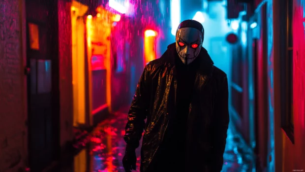 Cyberpunk masked figure walking neon flooded streets.