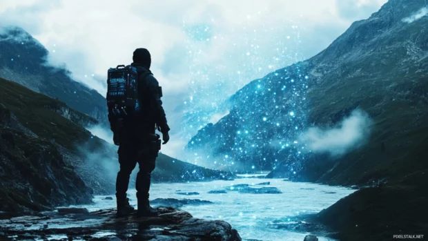 Cyberpunk mercenary standing at the edge of a digital river flowing with data.