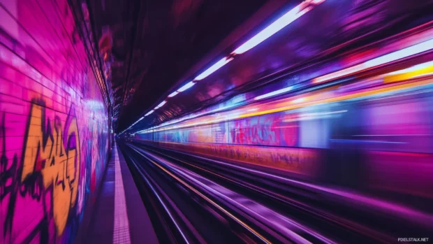 Cyberpunk metro passing through light tunnels and tech graffiti.