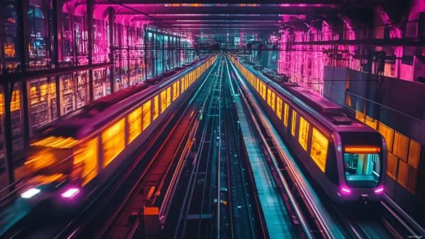 Cyberpunk metro system viewed from above as trains zip through glowing tunnels.