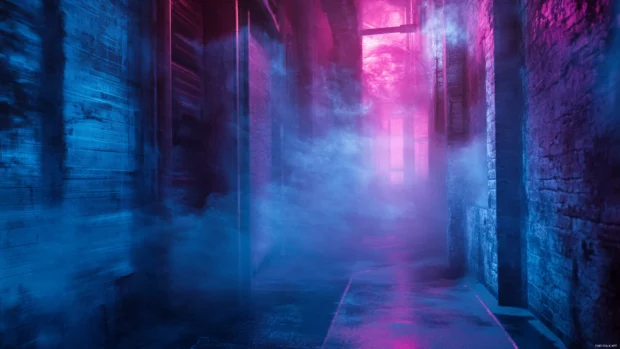 Cyberpunk neon back alley scene, Hidden cyberpunk back alley bathed in neon mist.