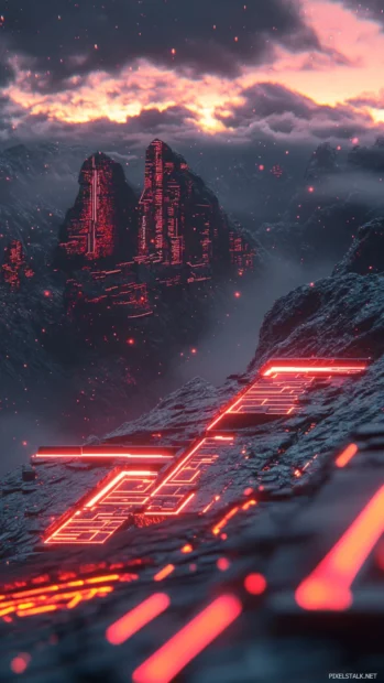 Cyberpunk neon phone background, Neon mountains glowing under a digital sunset.