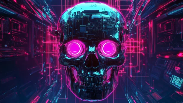 Cyberpunk neon skull design, Cyberpunk neon skull with glowing eyes and circuits.