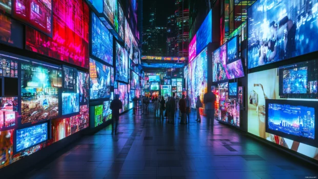 Cyberpunk night city neon view, Massive neon billboards shining over chaotic cityscape.